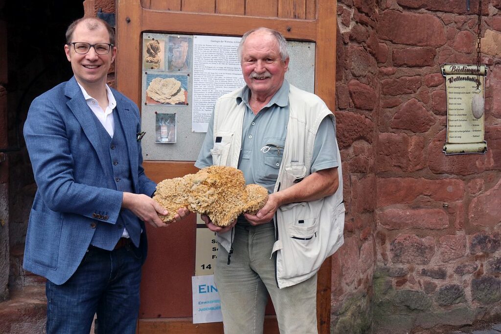 Eine Sandrose in Form eines Bisons ist im Sandrosenmuseum in Büdinge zu sehen LR Jan Weckler und Museumsleiter Lothar Keil haben an dem Gewicht ganz schön zu trag.jpg